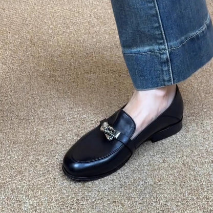 Damen Loafers Leder Elegante Schnalle Schwarz