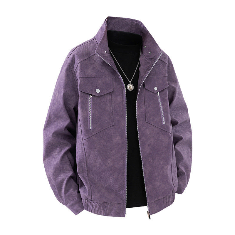 Herren Lederjacke Klassisch Wildleder Schwarz Mit Taschen