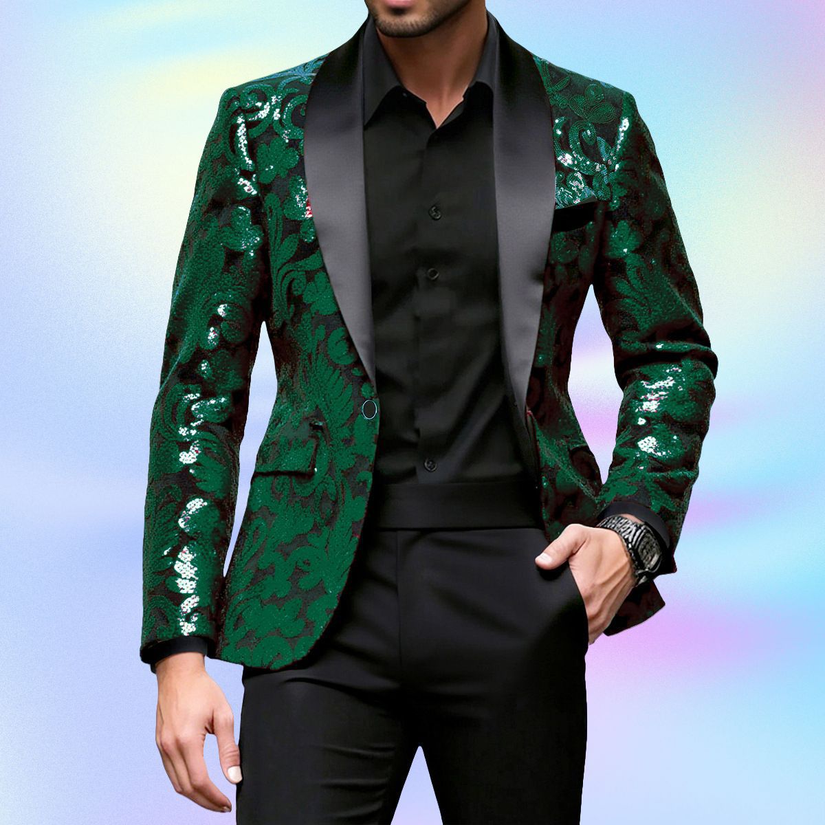 Eleganter Herren Blazer Glitzer Effekt Klassisch Schwarze Gala