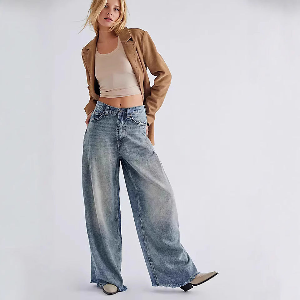 Damen High-Waist Jeans Weite Bein Fransensaum