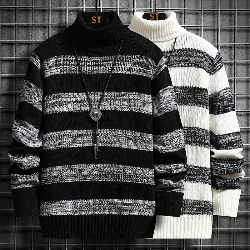 Ein Herren Strickpullover mit hohem Kragen und modernem Streifenmuster BerlinGlamour ist ein eleganter und stylischer Accessoire für den modernen Mann. Mit seinem hohen Kragen und modernen Stre