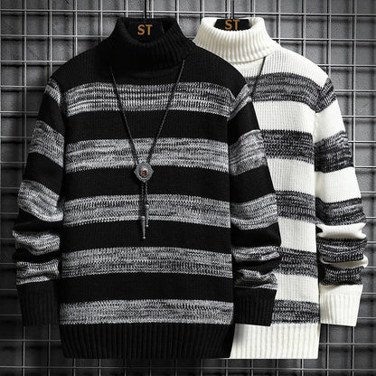 Ein Herren Strickpullover mit hohem Kragen und modernem Streifenmuster BerlinGlamour ist ein eleganter und stylischer Accessoire für den modernen Mann. Mit seinem hohen Kragen und modernen Stre
