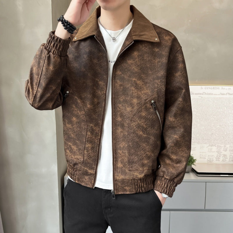 Herren Lederjacke Modern mit Stehkragen und Taschen