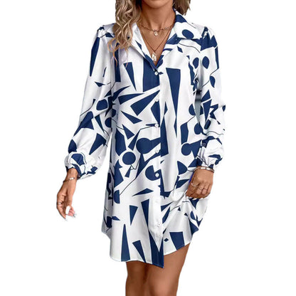 Damen Kleid Geometrischer Druck Knopfverschluss Modern