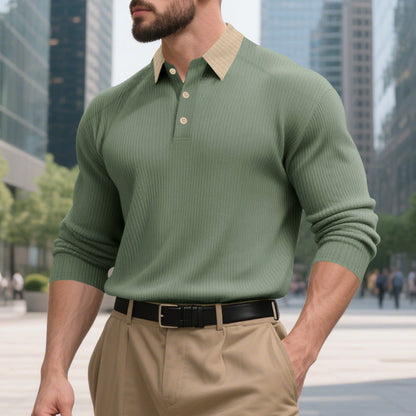 Herren Langarm T-Shirt Strukturiert Moderner Kragen