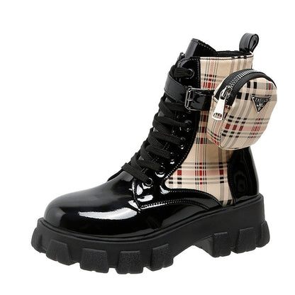 Damen Stiefel Schnürstiefel mit Seitentasche Blockabsatz