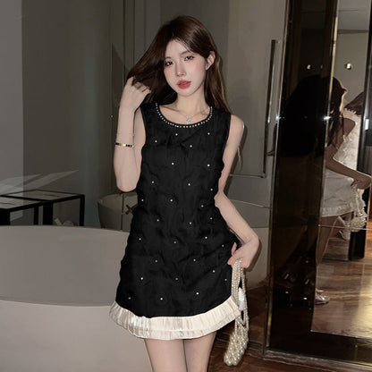 BerlinGlamour Chanel-Stil Rundhals-Plissee-Weste Kleid mit Nieten