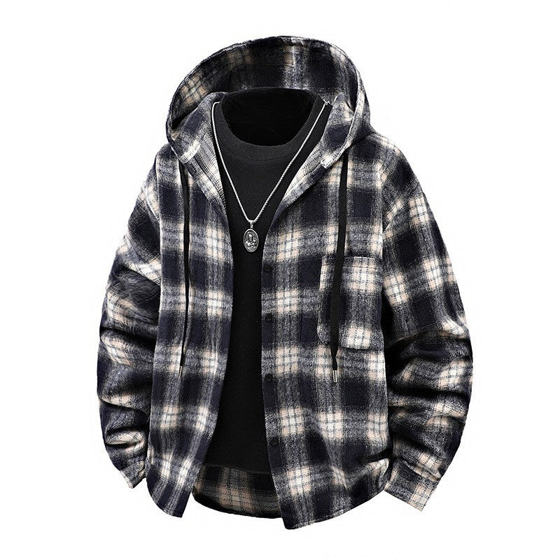 Herren Winterjacke Karomuster Kapuze Knöpfe Modern