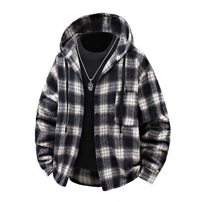 Herren Winterjacke Karomuster Kapuze Knöpfe Modern