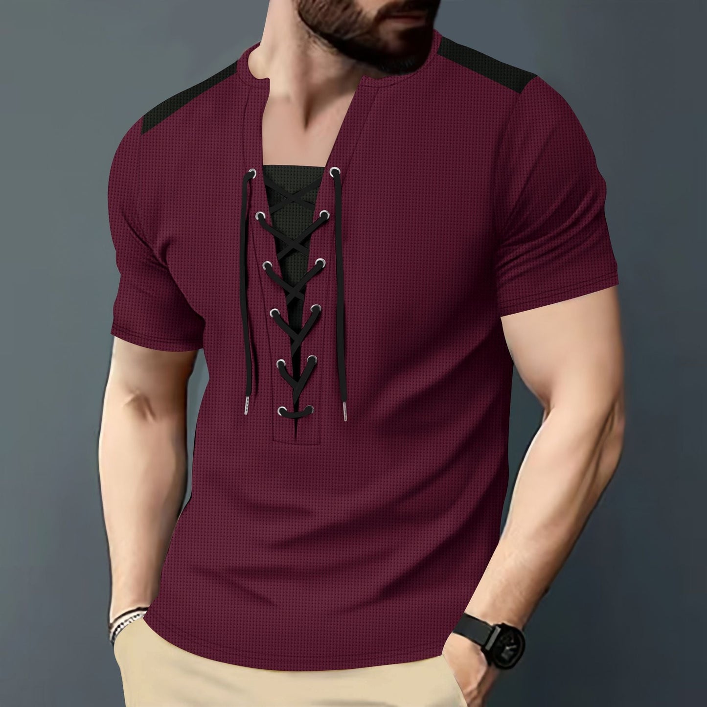 Herren Sportshirt Kurzarm Schnürdesign Modern