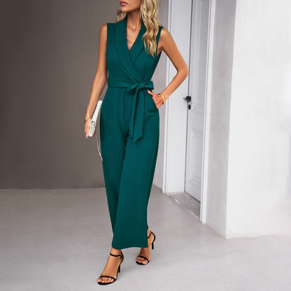Eleganter Damen Jumpsuit Wickeloptik Taillengürtel Damenanzug
