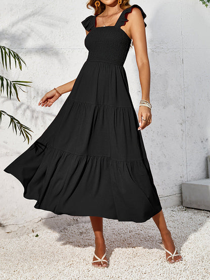 Damen Maxikleid Sommerlich Rüschenkleid Elegant Lang