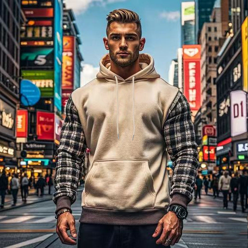 Herren Hoodie Kariert Mit Kängurutasche Grau