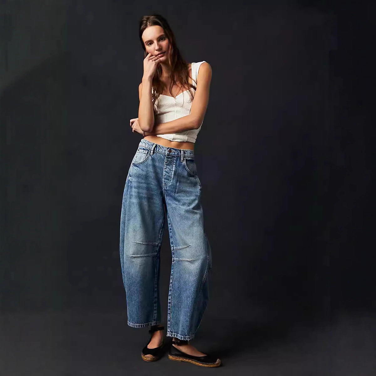 Damen Jeanshose Weite Bein Lässig Casual