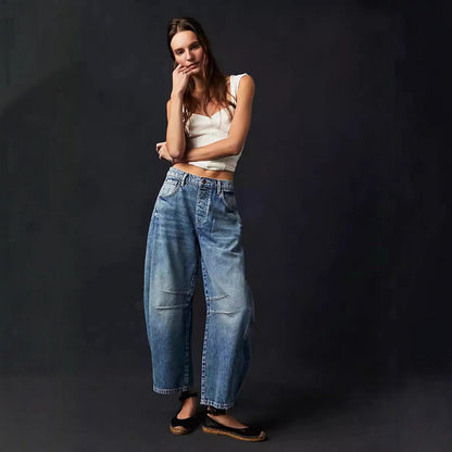 Damen Jeanshose Weite Bein Lässig Casual
