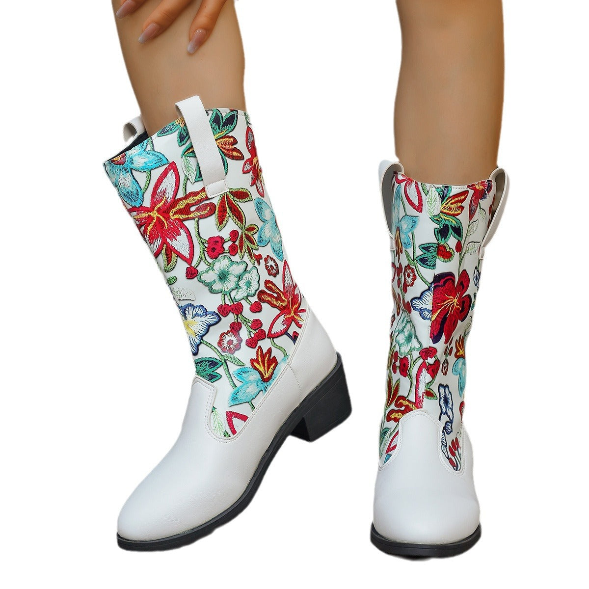 Damen Cowboy-Stiefel Blumenmuster Komfortabsatz