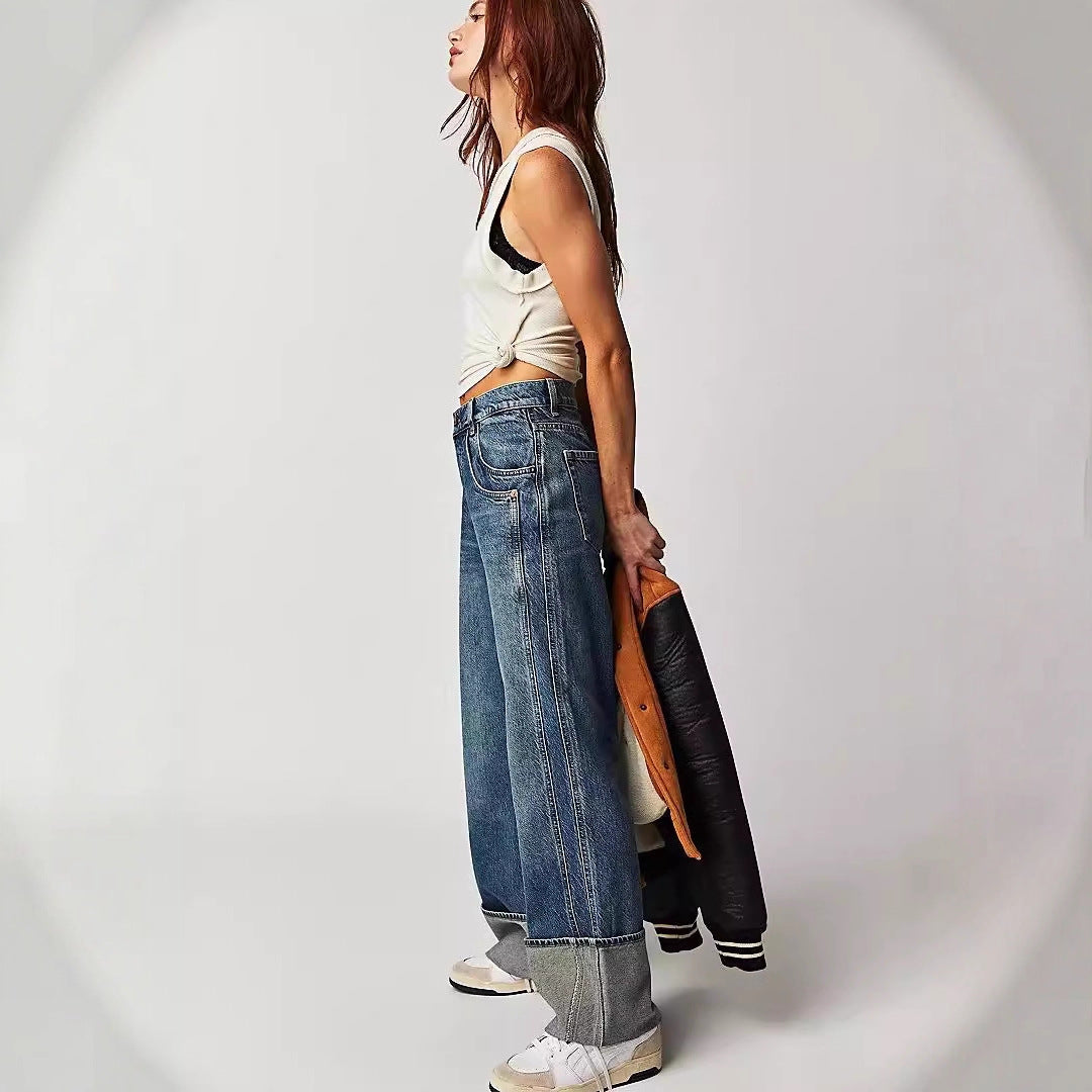 Damen Jeans Weite Bein Umgeschlagener Saum