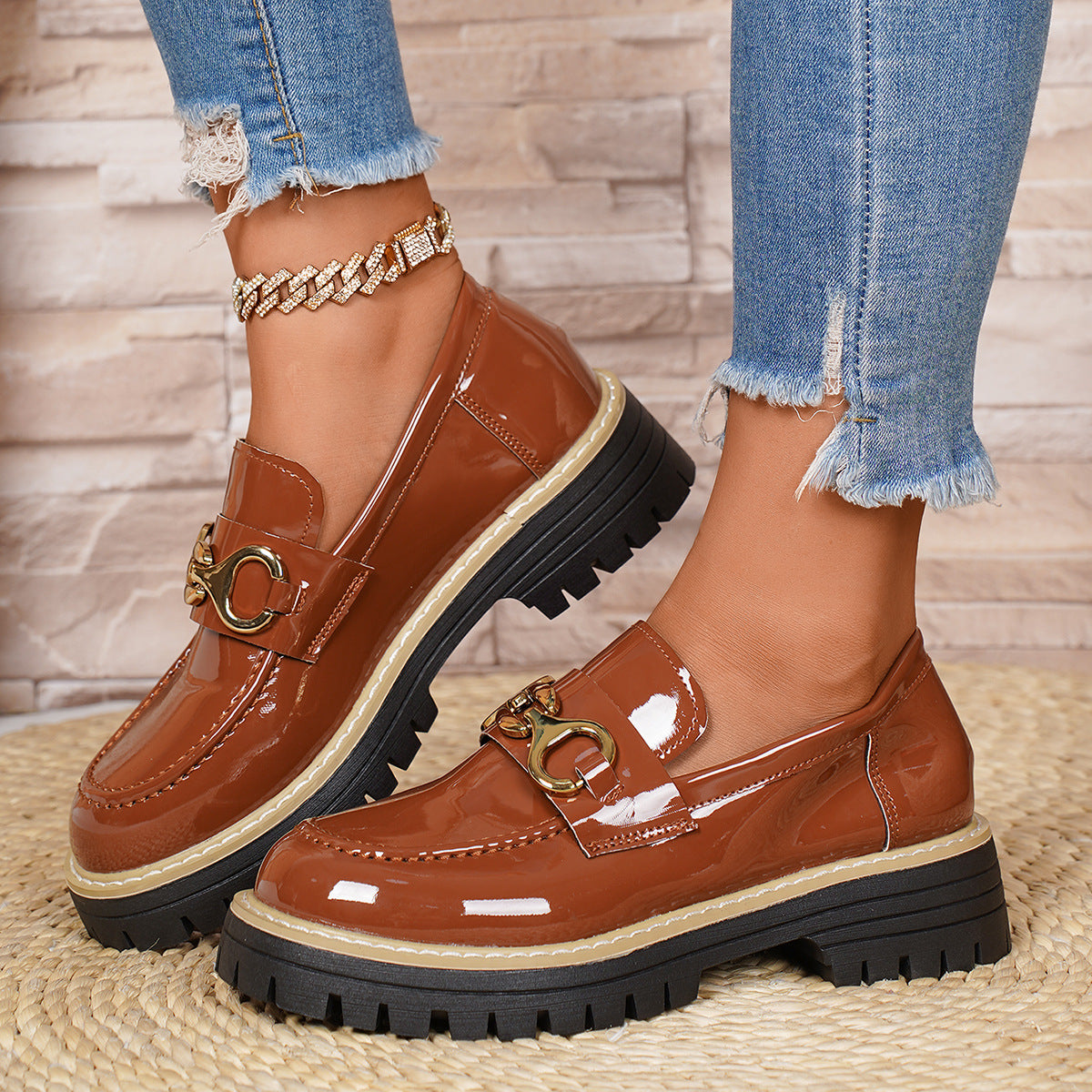 Damen Mokassinschuhe Komfortabel Glänzend Robust