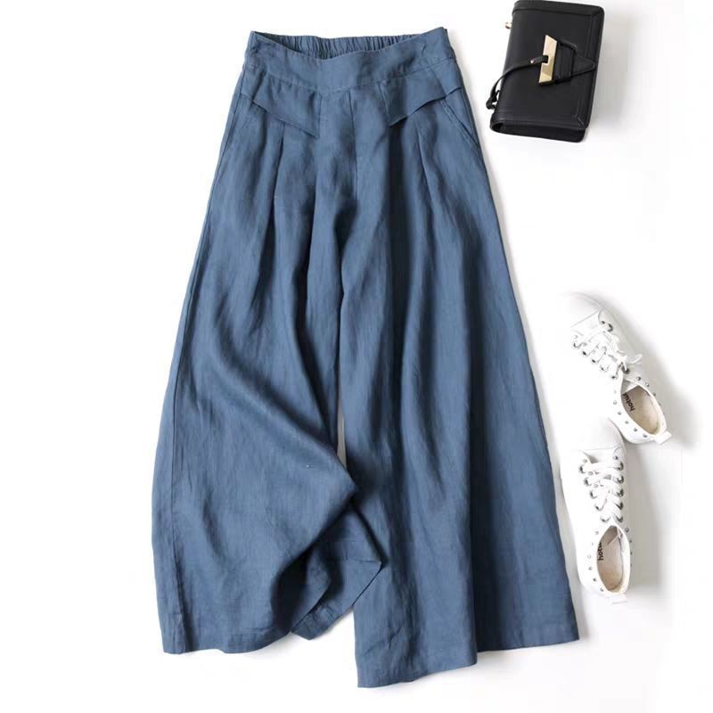 Damen Leinenhose Weit Bequem Mit Hochem Bund