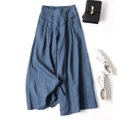 Damen Leinenhose Weit Bequem Mit Hochem Bund
