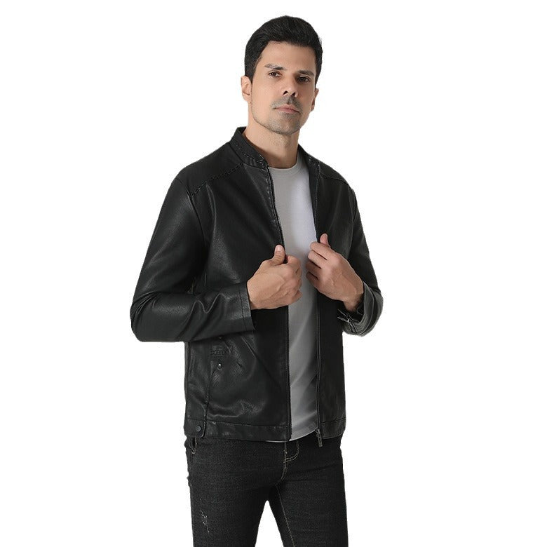 Herren Lederjacke Modern Elastischer Kragen Schwarz