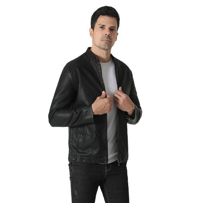 Herren Lederjacke Modern Elastischer Kragen Schwarz