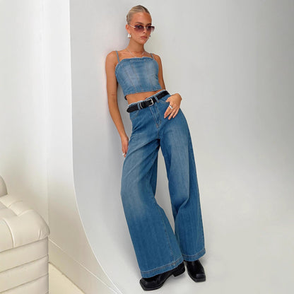 Hohe Damen Jeans Mit Fransen Weite Bein