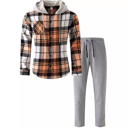 Herren Flanell-Hemd Set mit Jogginghose Kapuze Bequem