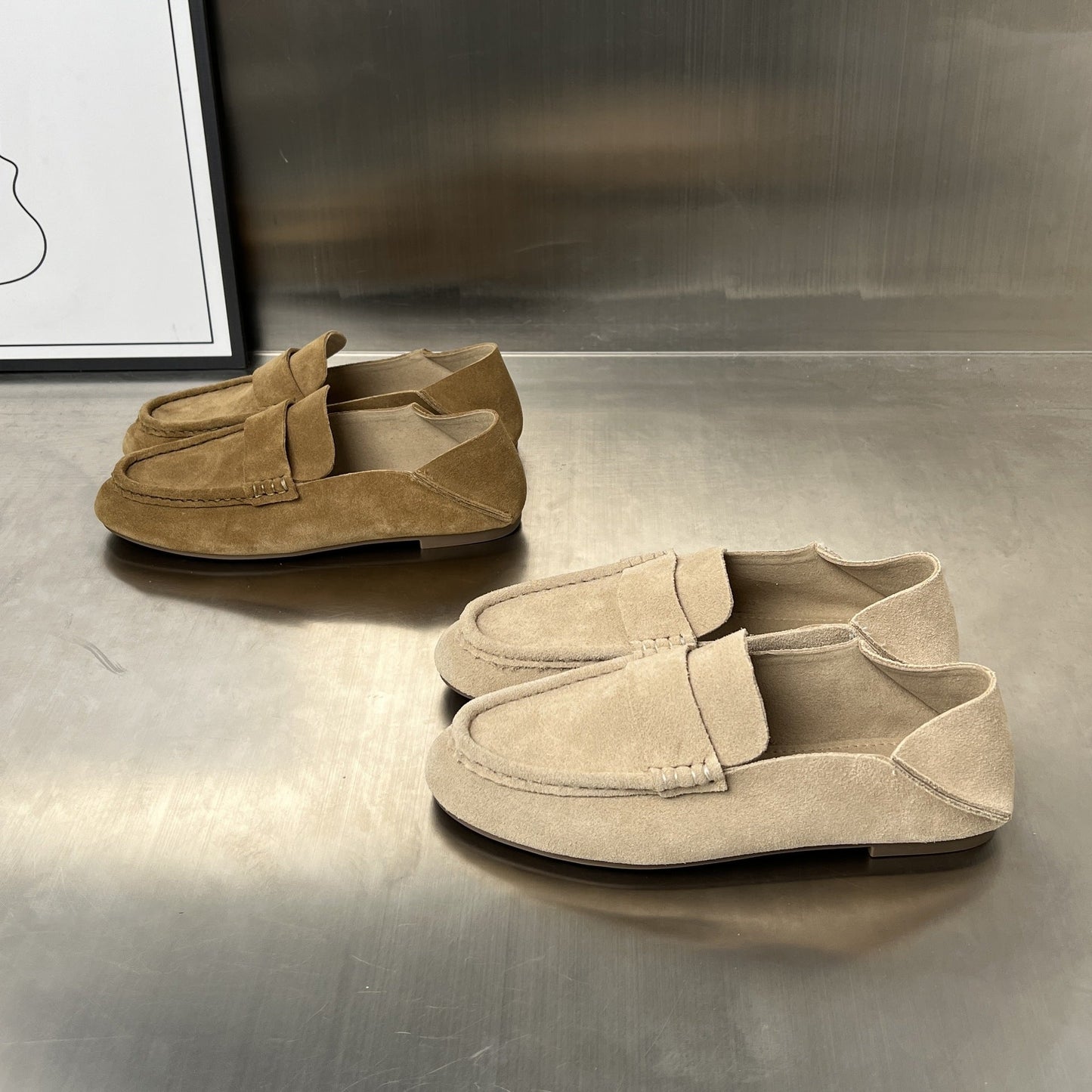 Damen Mokassins Wildleder Braun mit Dekorriemen Frauen Schuhe