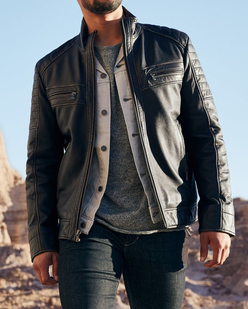 Leder Bikerjacke Herren Stepp-Design mit Taschen Schwarz