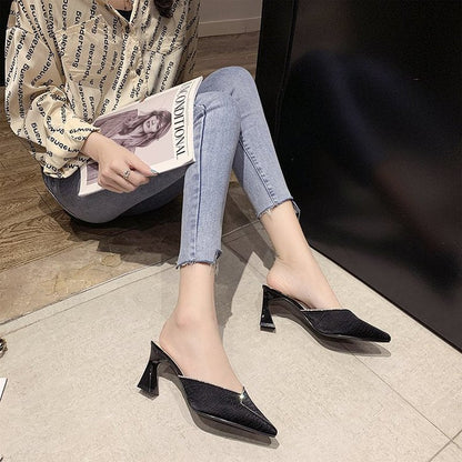 Damen Mules Spitze Schuhe Glanz Schick