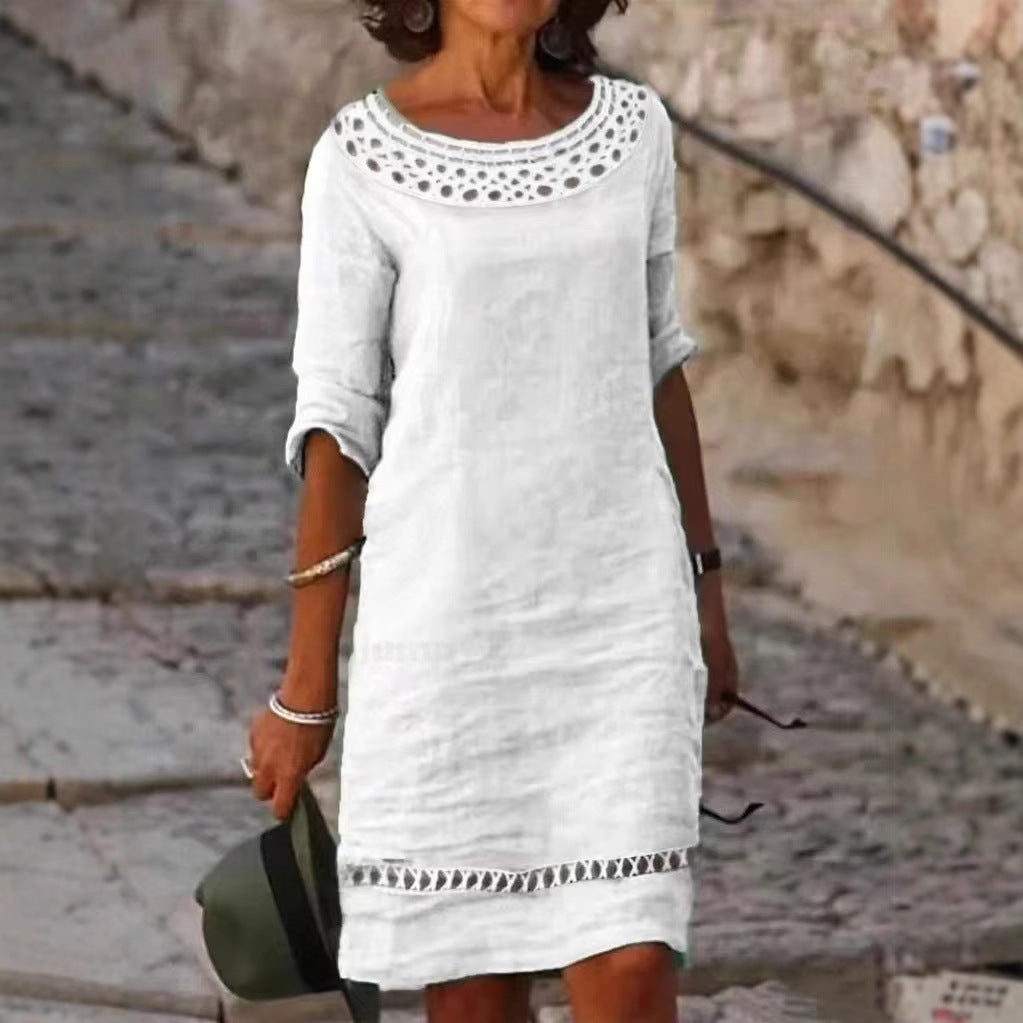 Sommerkleid Damen Elegant Häkelkragen Durchgehender Schnitt - BerlinGlamour
