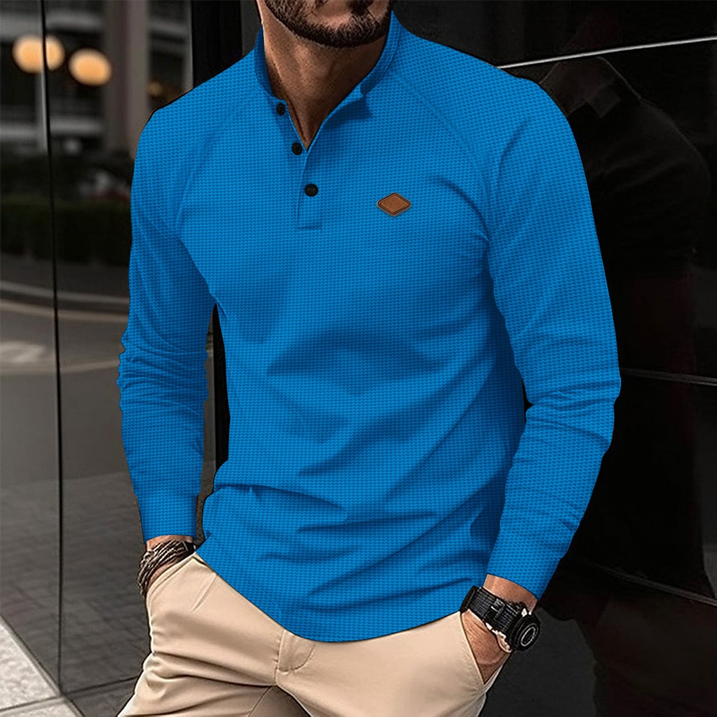 Herren Langarmhemd Modern Henley Ausschnitt Strukturiert