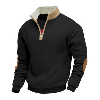 Herren Fleecepullover Modern mit Halb-Reißverschluss und Kontrast Ellenbogen