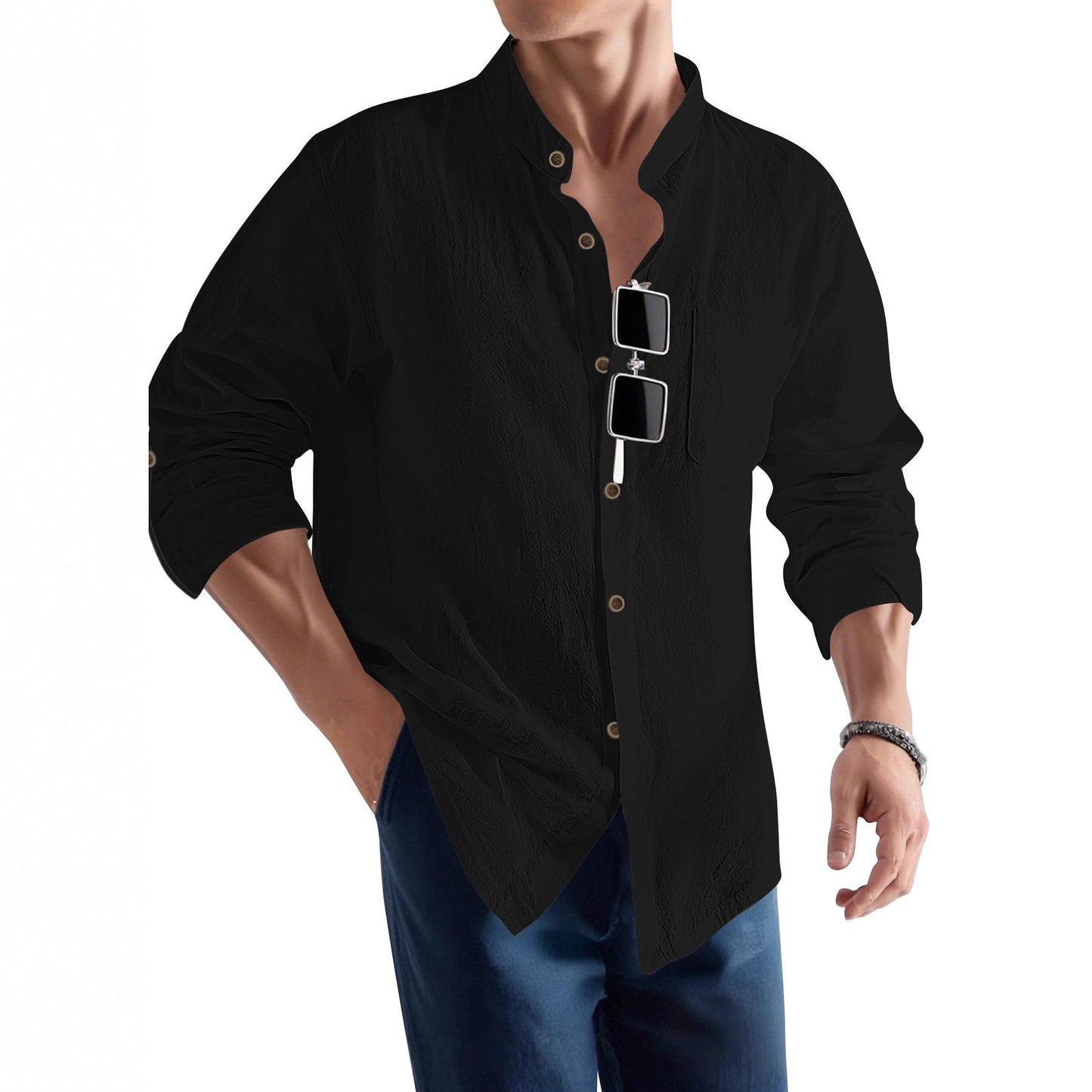 Herren Langarmhemd Slim Fit Henley Ausschnitt Modern