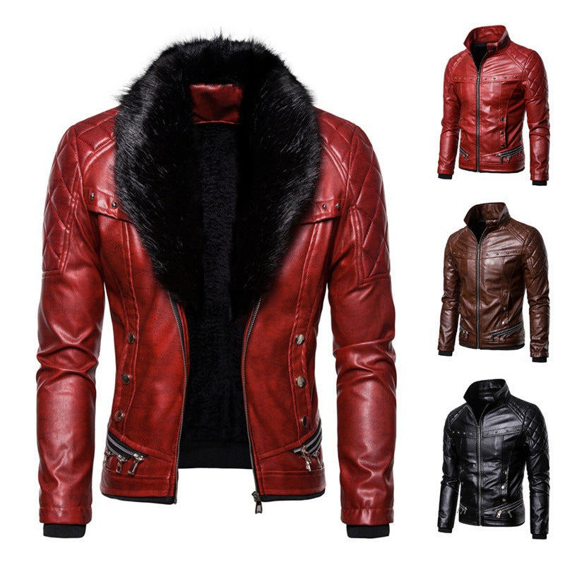 Lederjacke Herren Kunstleder mit Fellkragen Gesprenkelt Modern - BerlinGlamour