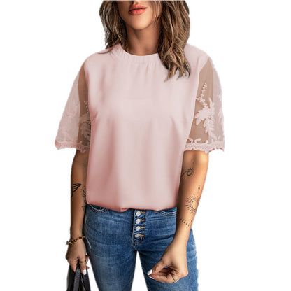 Damen T-Shirt Spitze Ärmel Elegantes Oberteil Modern