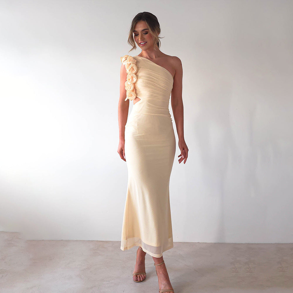 Damenkleid Figurschmeichelnd Midi Asymmetrisch Rüschen Kleid