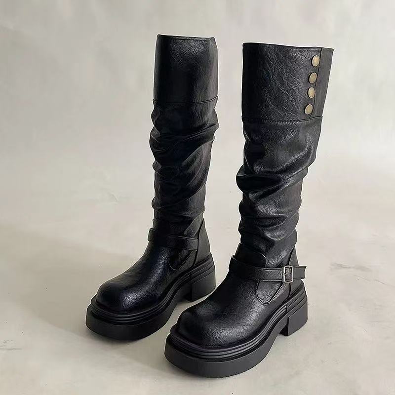 Damen Stiefel Leder Elegant Riemen Schwarz