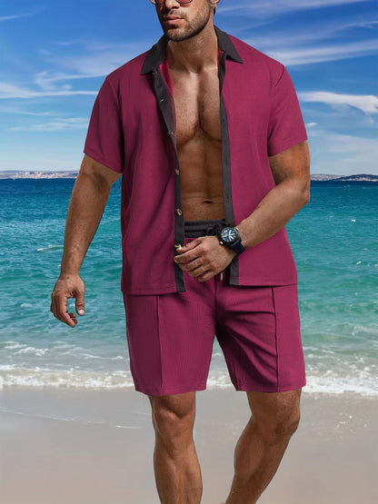 Herren Set Kurzarm Hemd und Shorts Strukturiert Sommer