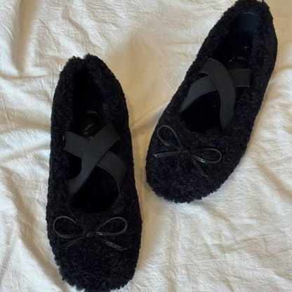 Damen Ballerinas Weich Plüsch Schleifen Detail