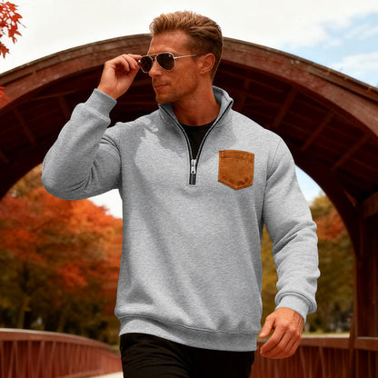 Herren Fleecepullover Mit Reißverschluss und Brusttasche Warm
