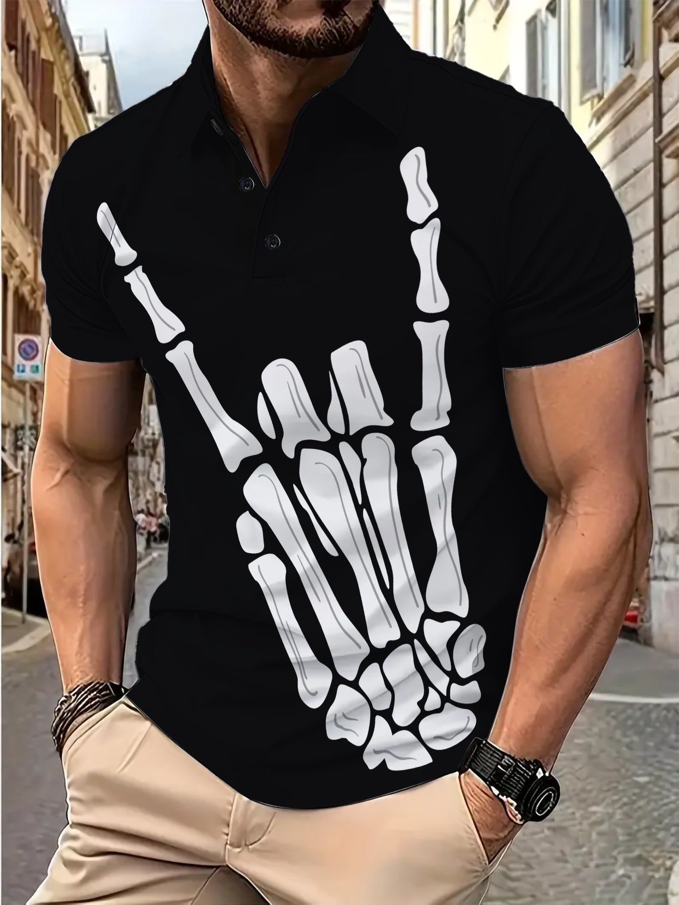 Herren Poloshirt Skelett Motiv Baumwolle Berlin Style