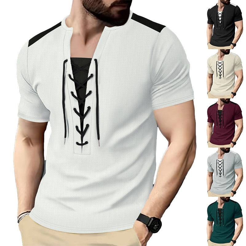 Herren T-Shirt Kurzarm Henley atmungsaktiv Schnürdetail - BerlinGlamour