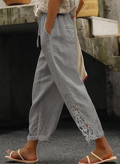 Leinenhose Damen Sommer Leicht Stickerei Modern