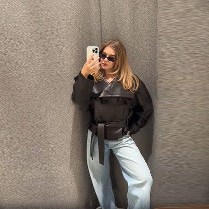 Damen Jacke Cropped Modern mit Doppelknöpfen und Breitem Kragen