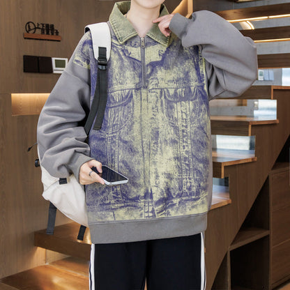 Unisex Sweatshirt Oversized Blau Denim Stehkragen