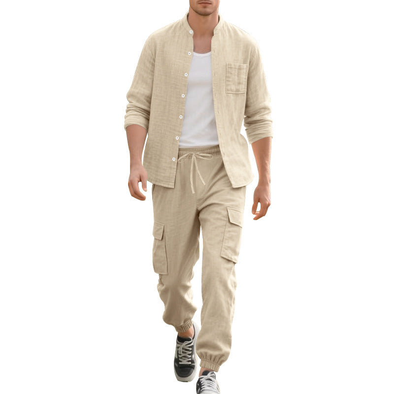 Herren Leinenhemd Bequem mit Taschen und Hose