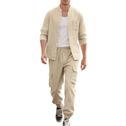 Herren Leinenhemd Bequem mit Taschen und Hose