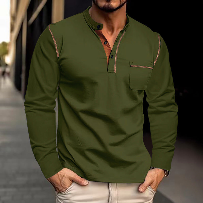 Herren Langarmshirt MIT Stehkragen und Brusttasche Modern